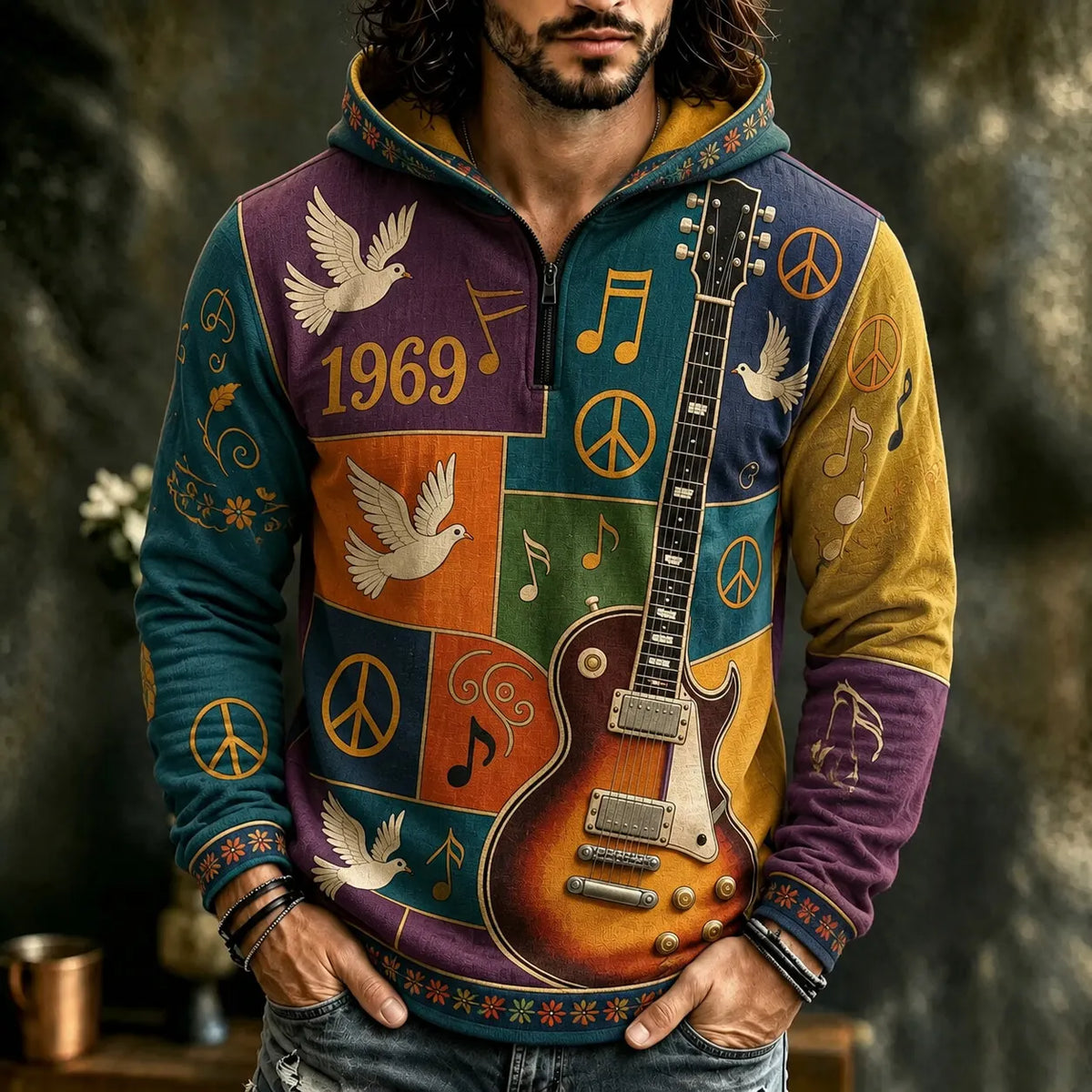 Men's Guitar Dove Peace 1969 Melody Patchwork Print Zipper Hoodies