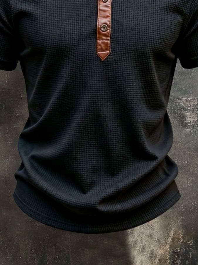 Men'S Retro Color-Block Short-Sleeve Henley T-Shirt With Waffle Knit And Leather Paneling