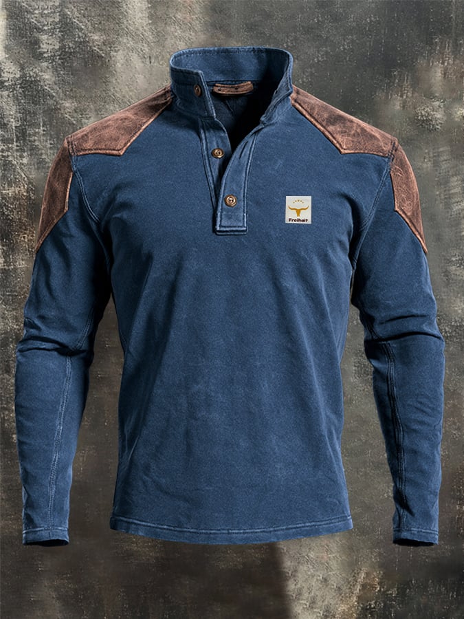 Men's Retro Faux Suede Panel Henley T-Shirt