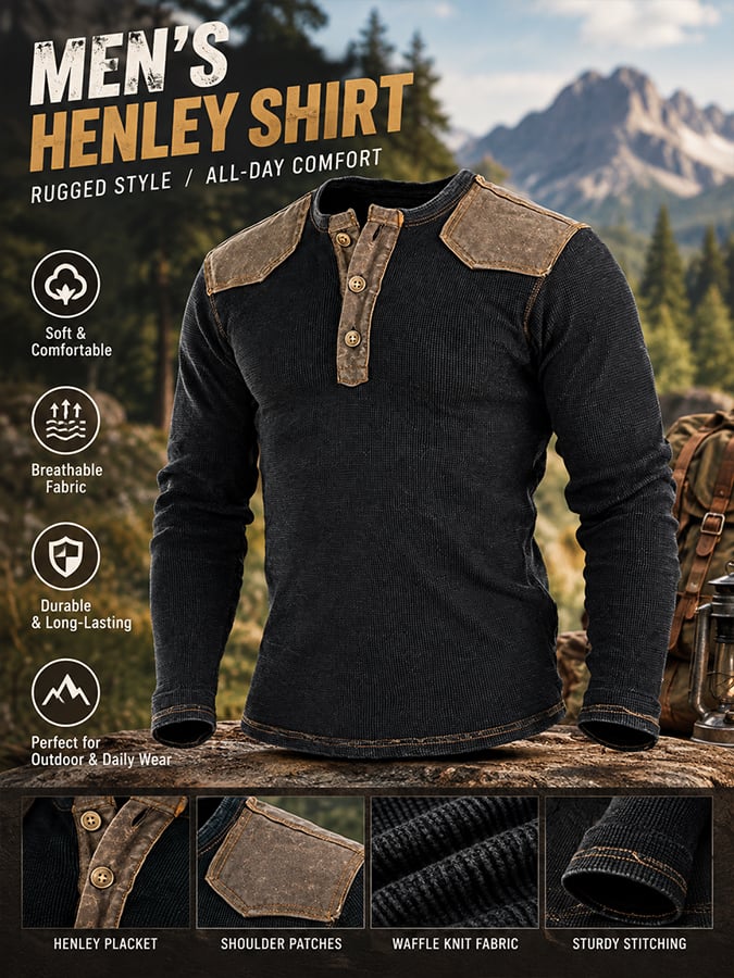 Men's Retro Comfortable Color-Block Waffle-Knit Henley T-Shirt