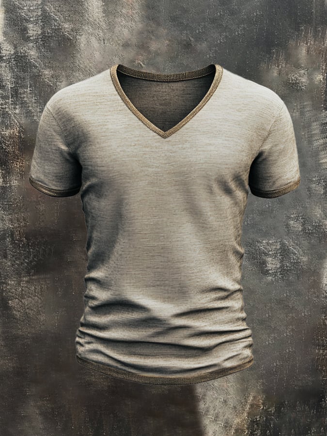 Men's retro-style washed V-neck short-sleeved T-shirt in contrasting color