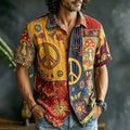 Men's Vintage Hippie Mushroom Peace Sign Patchwork Retro Print Short Sleeve Buttons Shirt