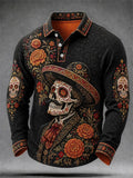 Men's Day Of The Dead Print Long Sleeve Polo Shirt