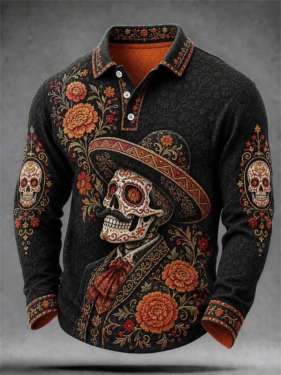 Men's Day Of The Dead Print Long Sleeve Polo Shirt