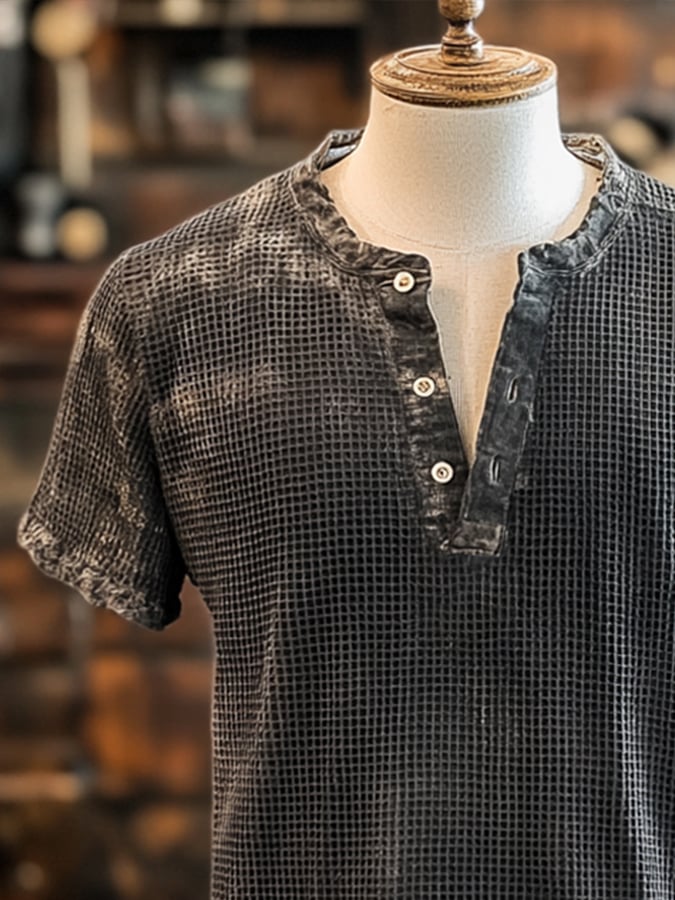 Men's Vintage Washed Waffle Casual Henley Short Sleeve T-Shirt