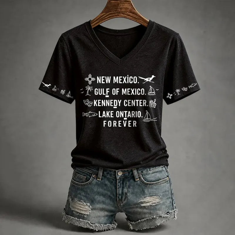 V-neck Retro New Mexico, Gulf Of Mexico, Kennedy Center, Lake Ontario, Forever Fdt Print T-shirt