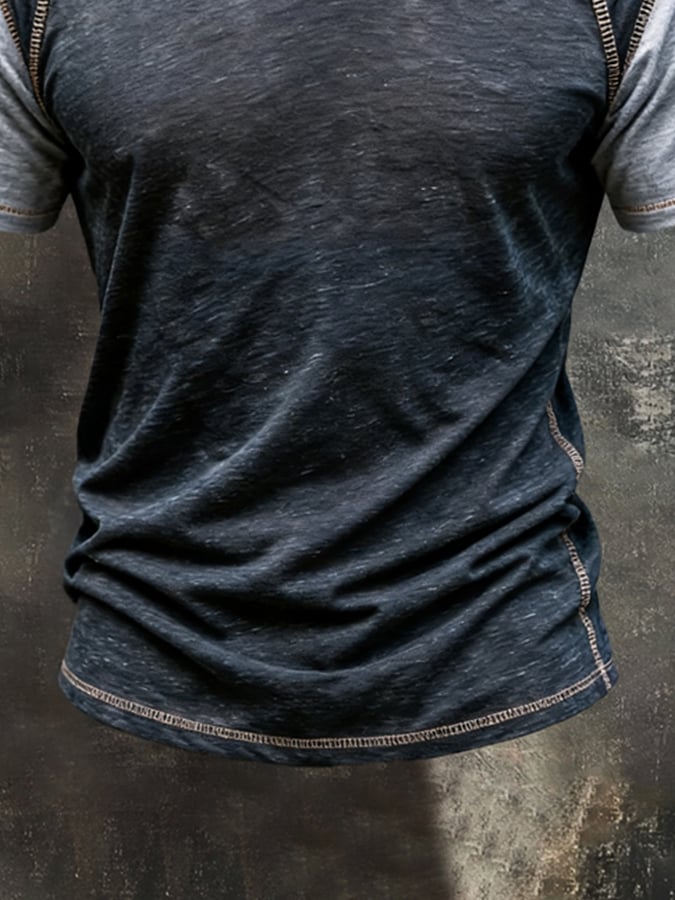 Men's Retro Color-Block V-Neck Short-Sleeve Top