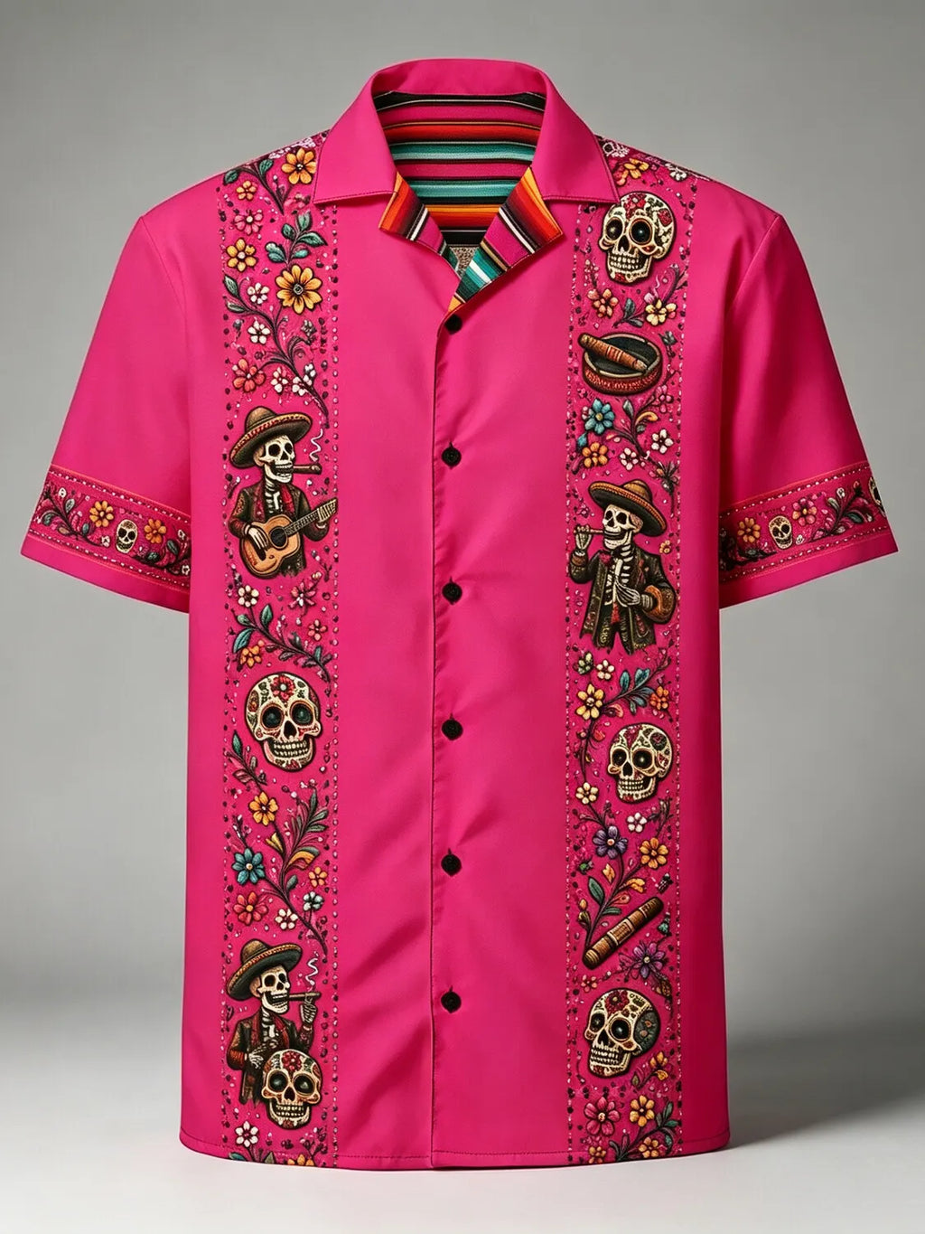 Men's Day Of The Dead Bright Multicolored Vertical Band Print Cuban Collar Short Sleeve Shirt