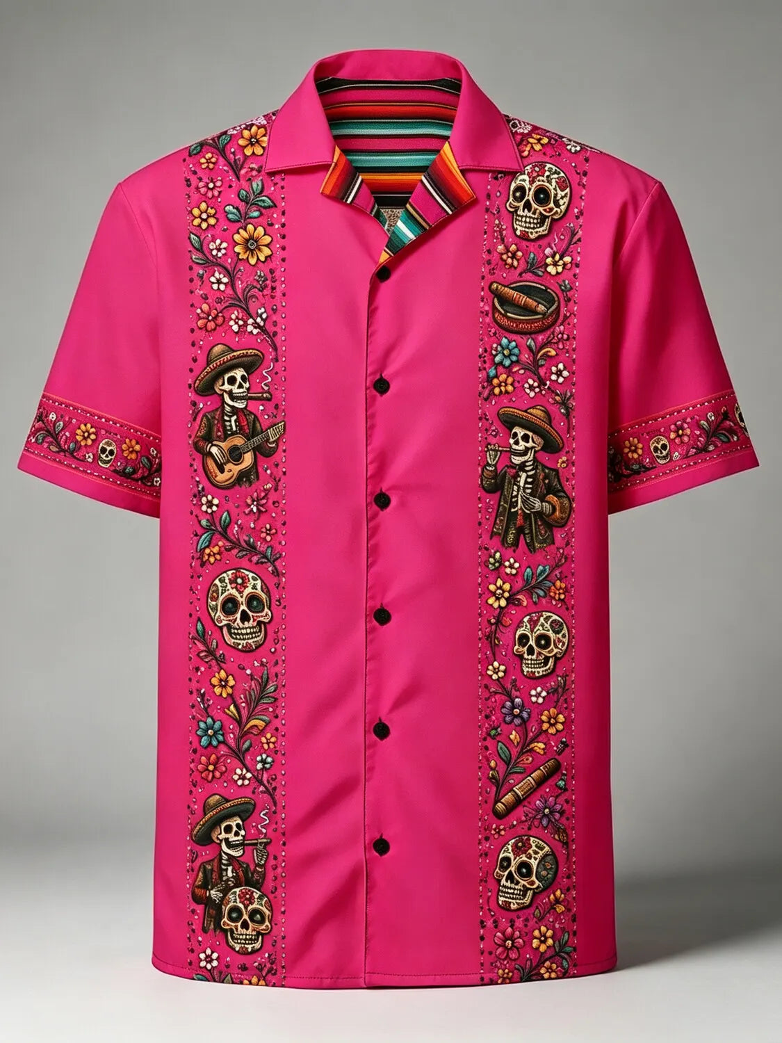 Men's Day Of The Dead Bright Multicolored Vertical Band Print Cuban Collar Short Sleeve Shirt