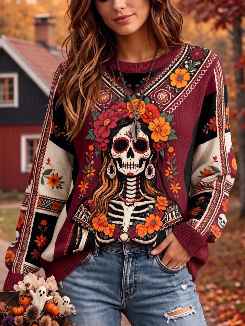 Women's Retro Day Of The Dead Sugar Skull Floral Print Crew Neck Knit Sweater