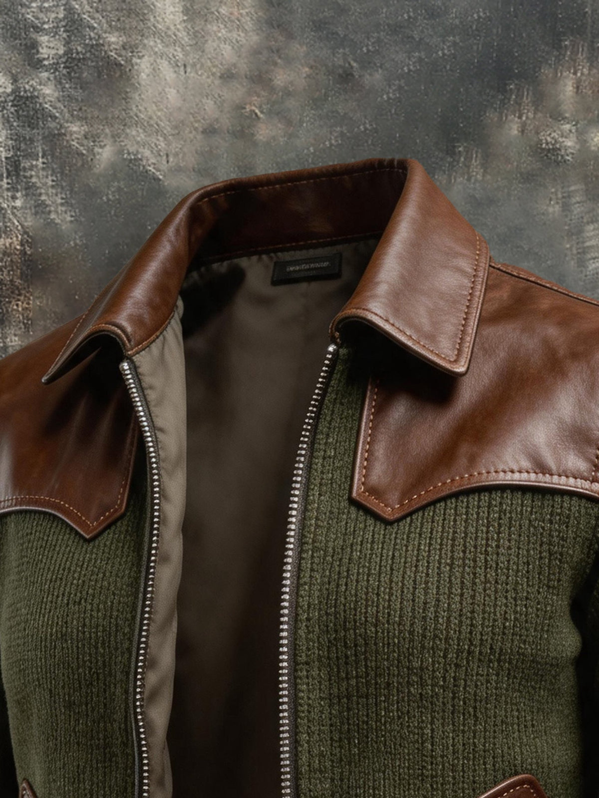 Men's Retro Leather-Panel Zip-Up Jacket with Lapel Collar