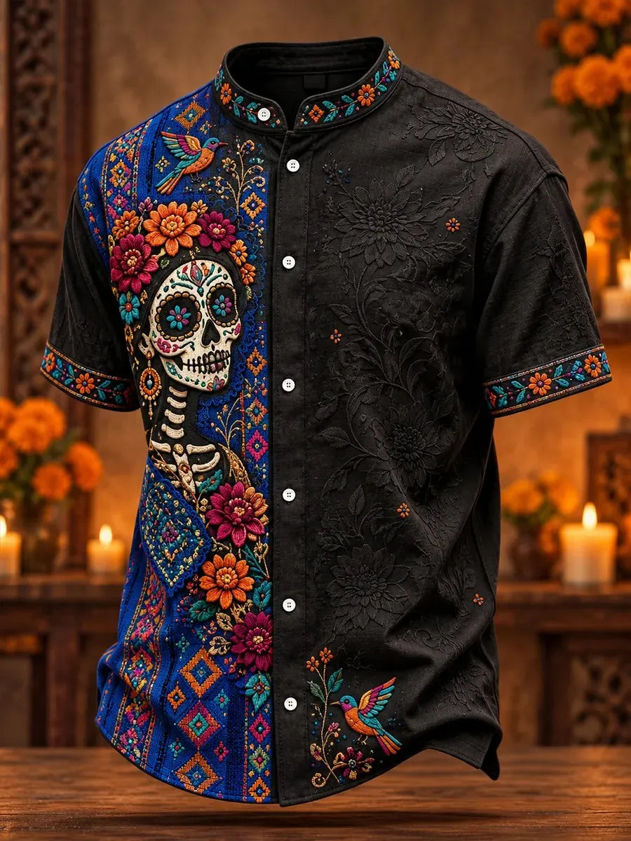 Men's Day Of The Dead Skeleton Figure Colorful Hummingbird Geometric Floral Graphic Stand Collar Short Sleeve Shirt