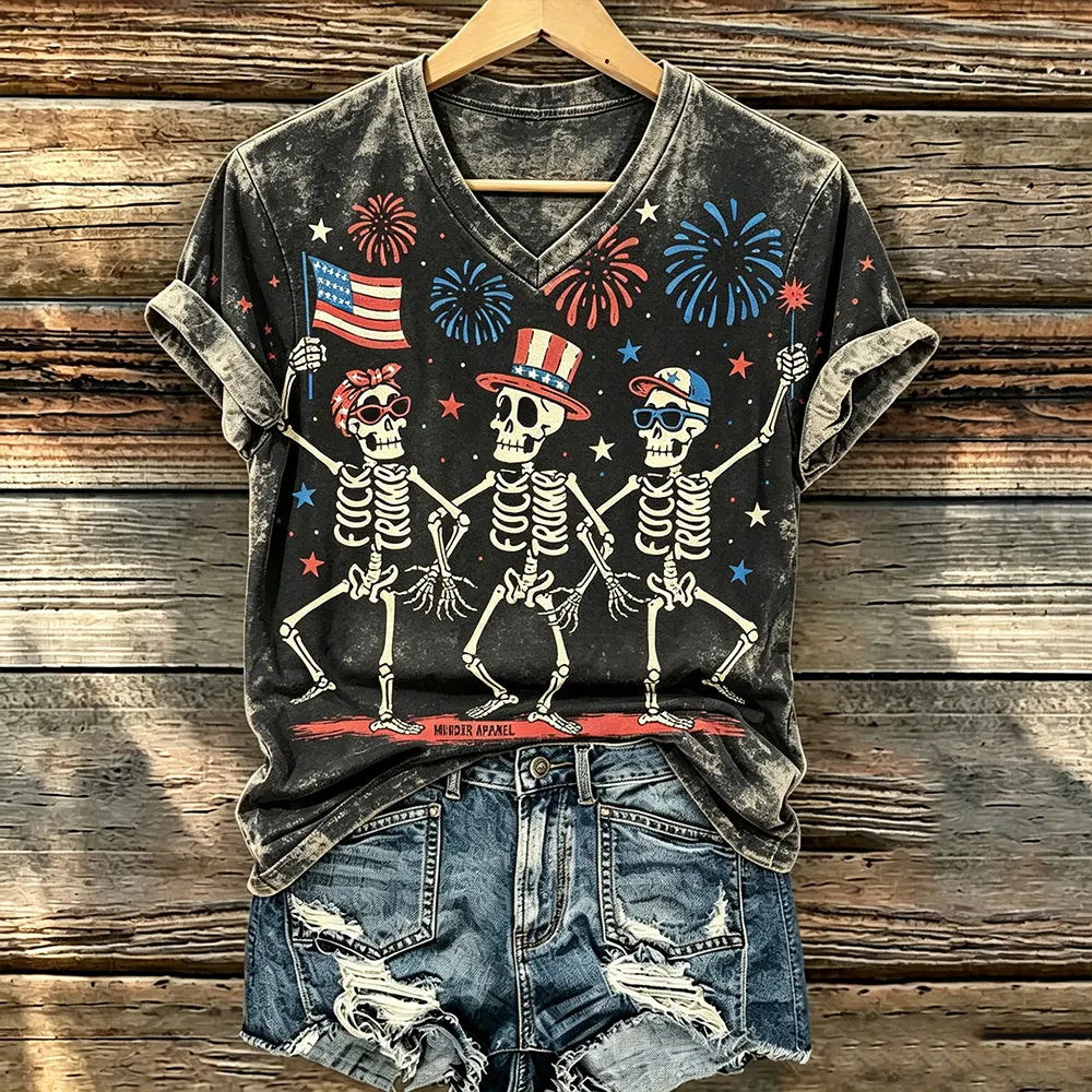 Women's Halloween And America's 250th Anniversary Art Acid Wash V-neck Casual T-shirt