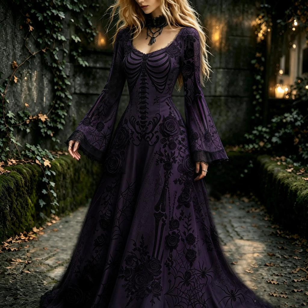 Women's Retro Gothic Flowers With Skull Pattern Mixi Halloween Dress