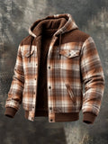 Men's Retro Color-Block Plaid Fleece-Lined Warm Hooded Jacket