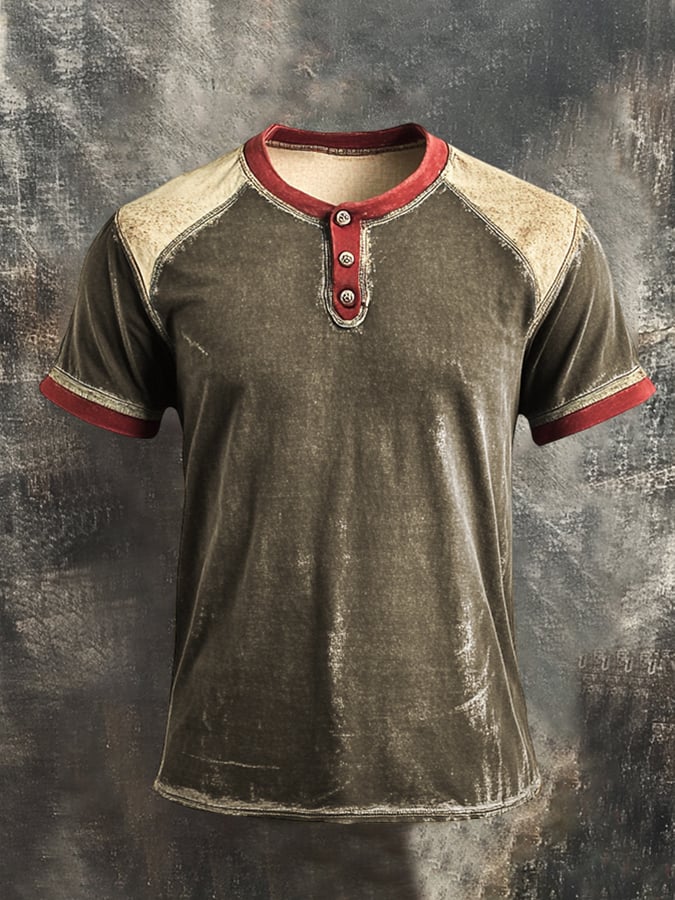 Men's Retro Colorblock Henley Collar Short Sleeve T-Shirt