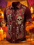 Men's Day Of The Dead Dancing Skeleton Calavera Rose Floral Print Short Sleeve Buttons Shirt