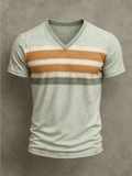 Men's Basic Casual Retro Washed Distressed Striped Contrast Stitching Short Sleeve V-Neck T-Shirt