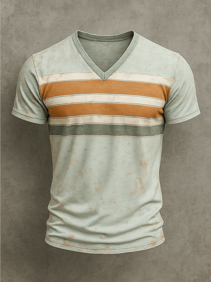 Men's Basic Casual Retro Washed Distressed Striped Contrast Stitching Short Sleeve V-Neck T-Shirt