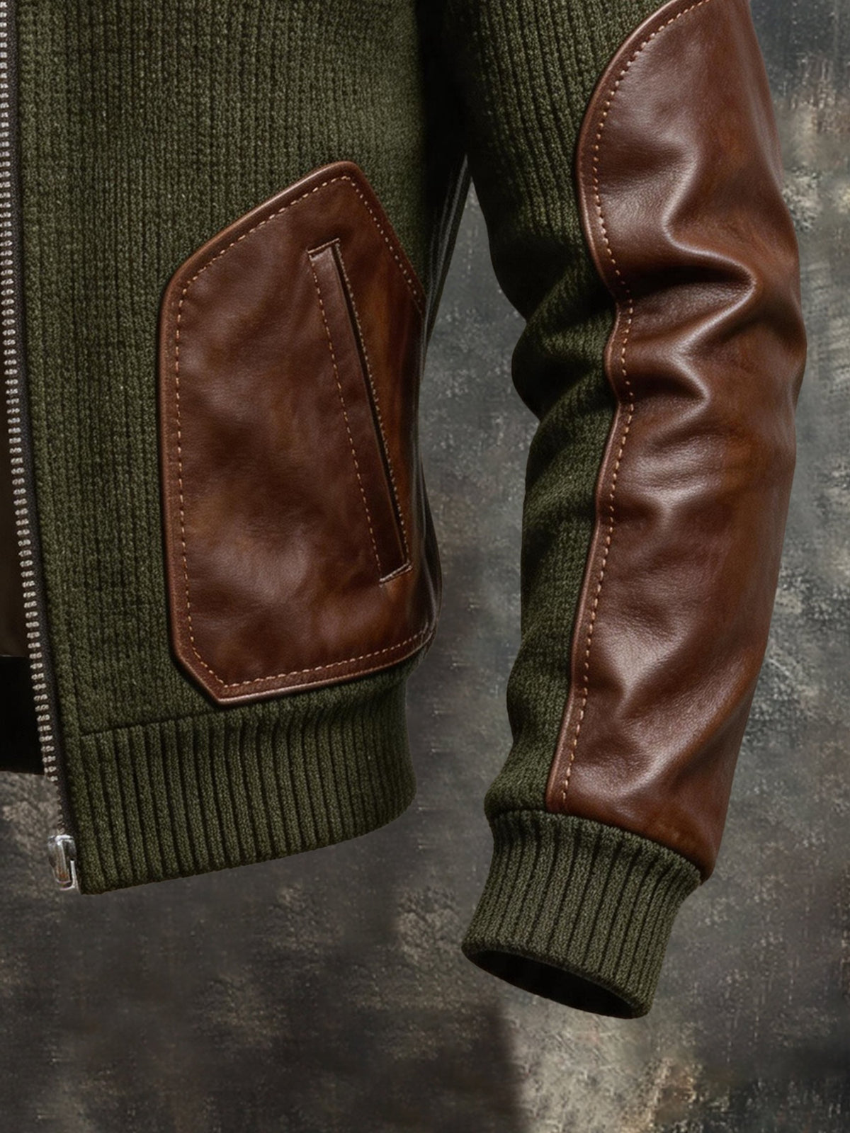 Men's Retro Leather-Panel Zip-Up Jacket with Lapel Collar