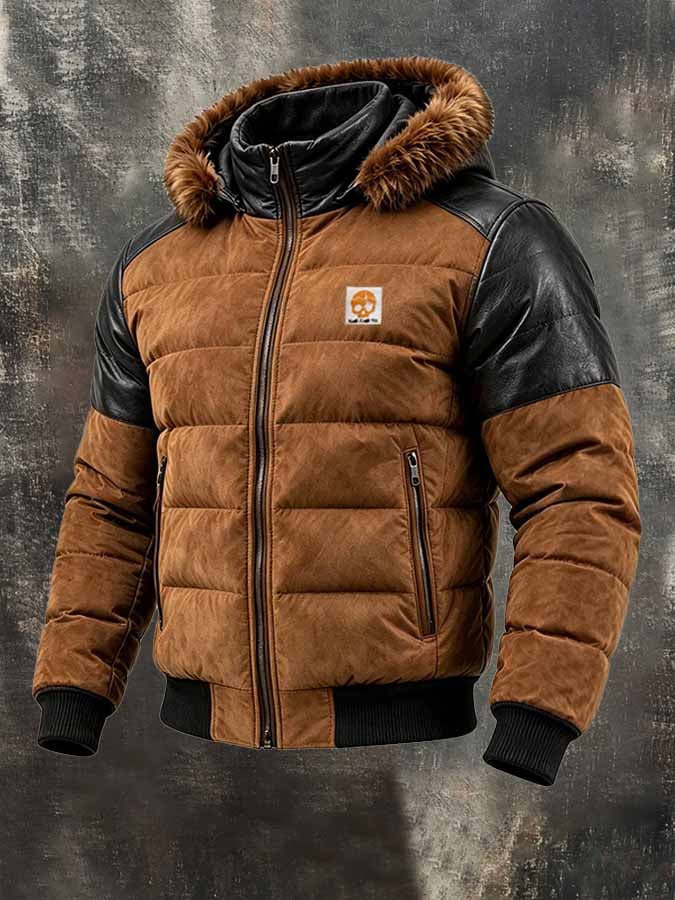 Men's Vintage Color-Block Leather Hooded Down Jacket