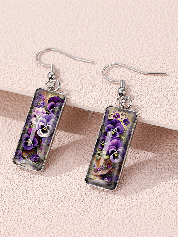Purple Square Pansy Design Earrings