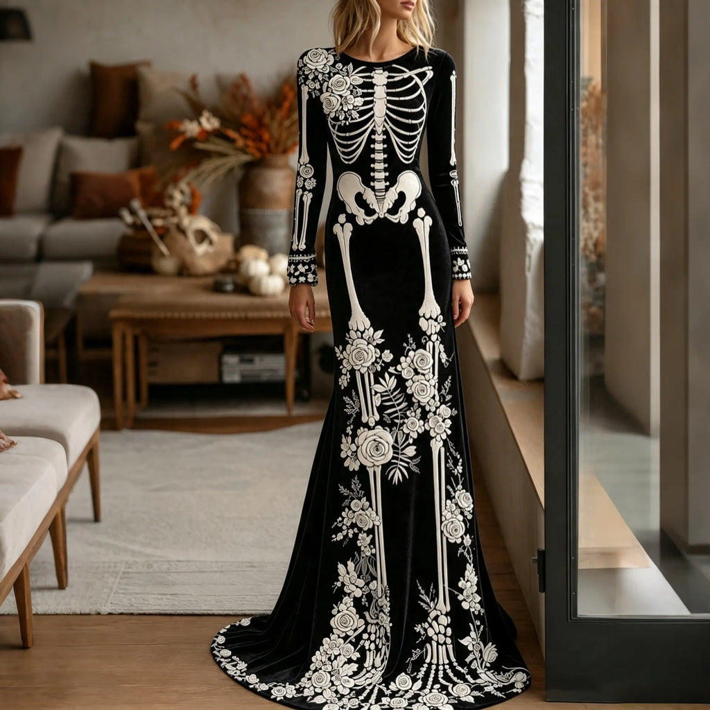 Women's Halloween Dark Gothic Rose Skeleton Velvet Round Neck Maxi Dress