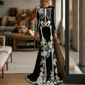 Women's Halloween Dark Gothic Rose Skeleton Velvet Round Neck Maxi Dress