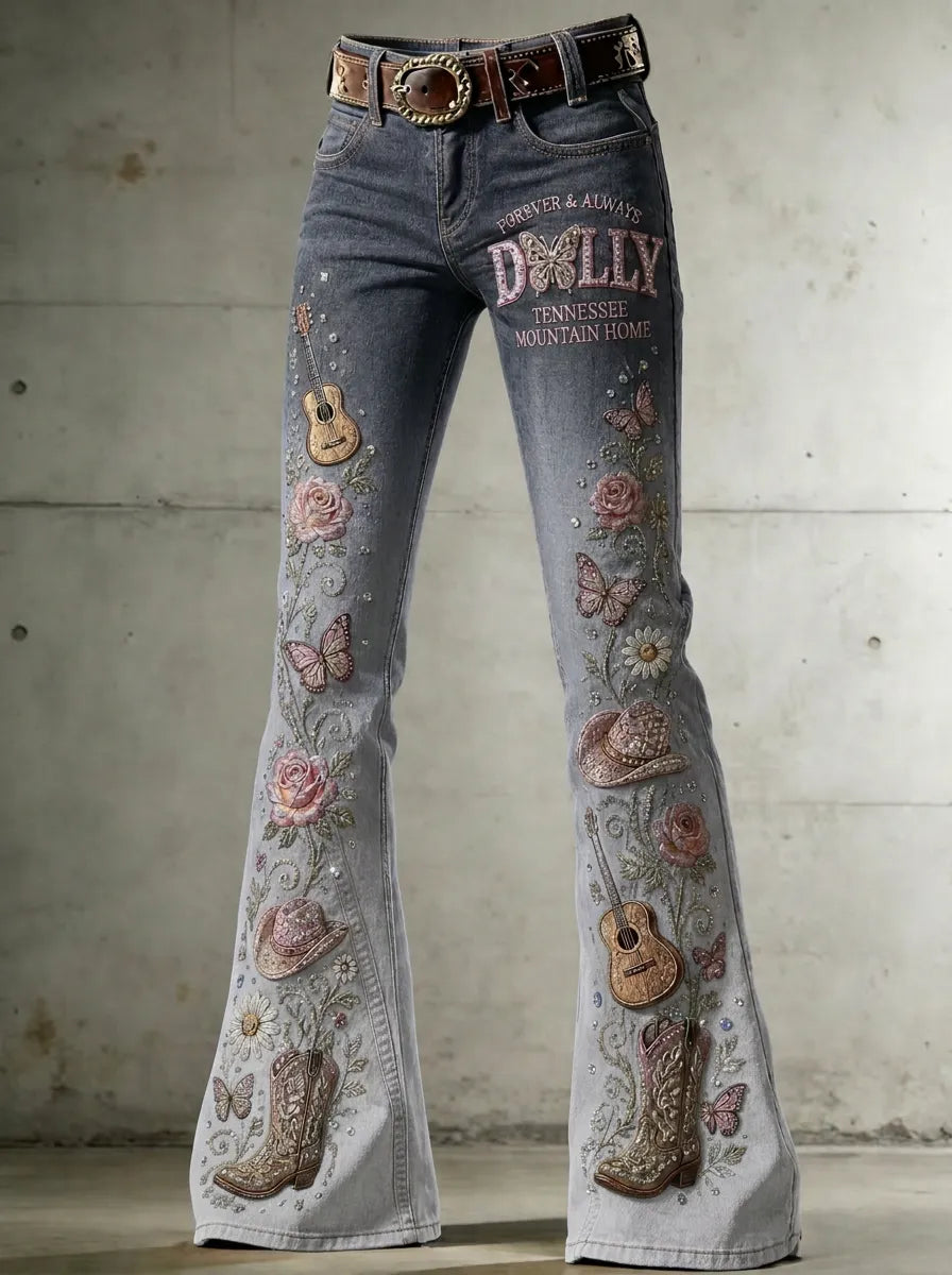 Women's Dolly Parton Guitar Butterfly Rose Printed Flare Jeans
