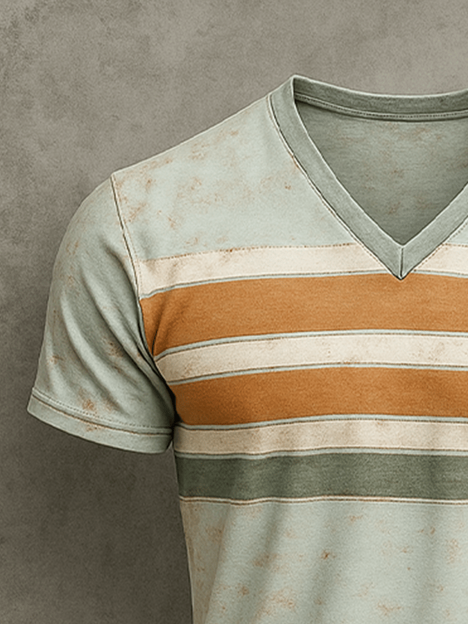 Men's Basic Casual Retro Washed Distressed Striped Contrast Stitching Short Sleeve V-Neck T-Shirt