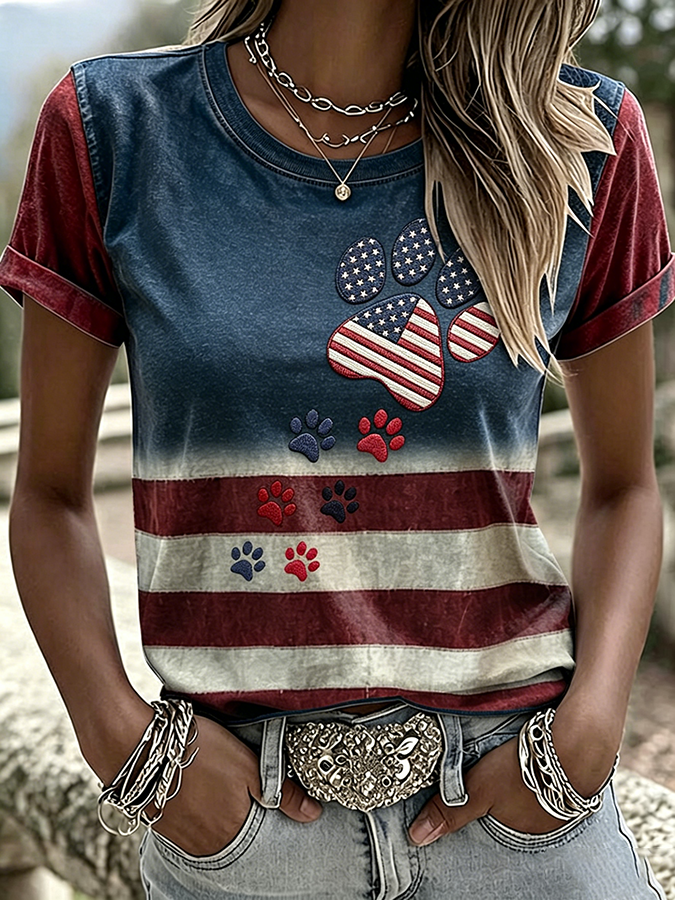 Women'S Casual Patriotic Cat Printed Short Sleeved T-Shirt