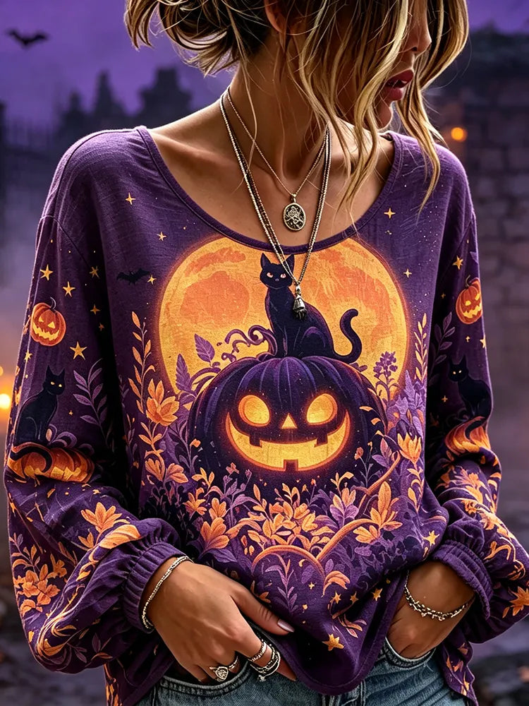 Women's Long Sleeve T-shirt Featuring Cat On Jack-o'-lantern Pumpkin And Full Moon Design
