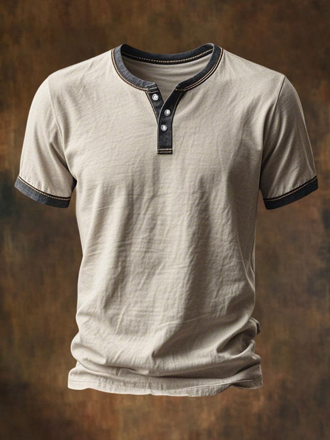 Men's Vintage Distressed Colorblock Casual Henley Short Sleeve T-Shirt