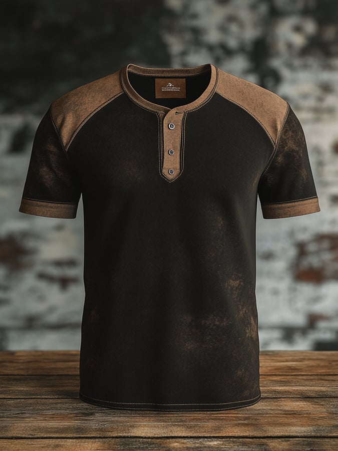 Men's retro colorblock slim fit short sleeve Henley T-shirt