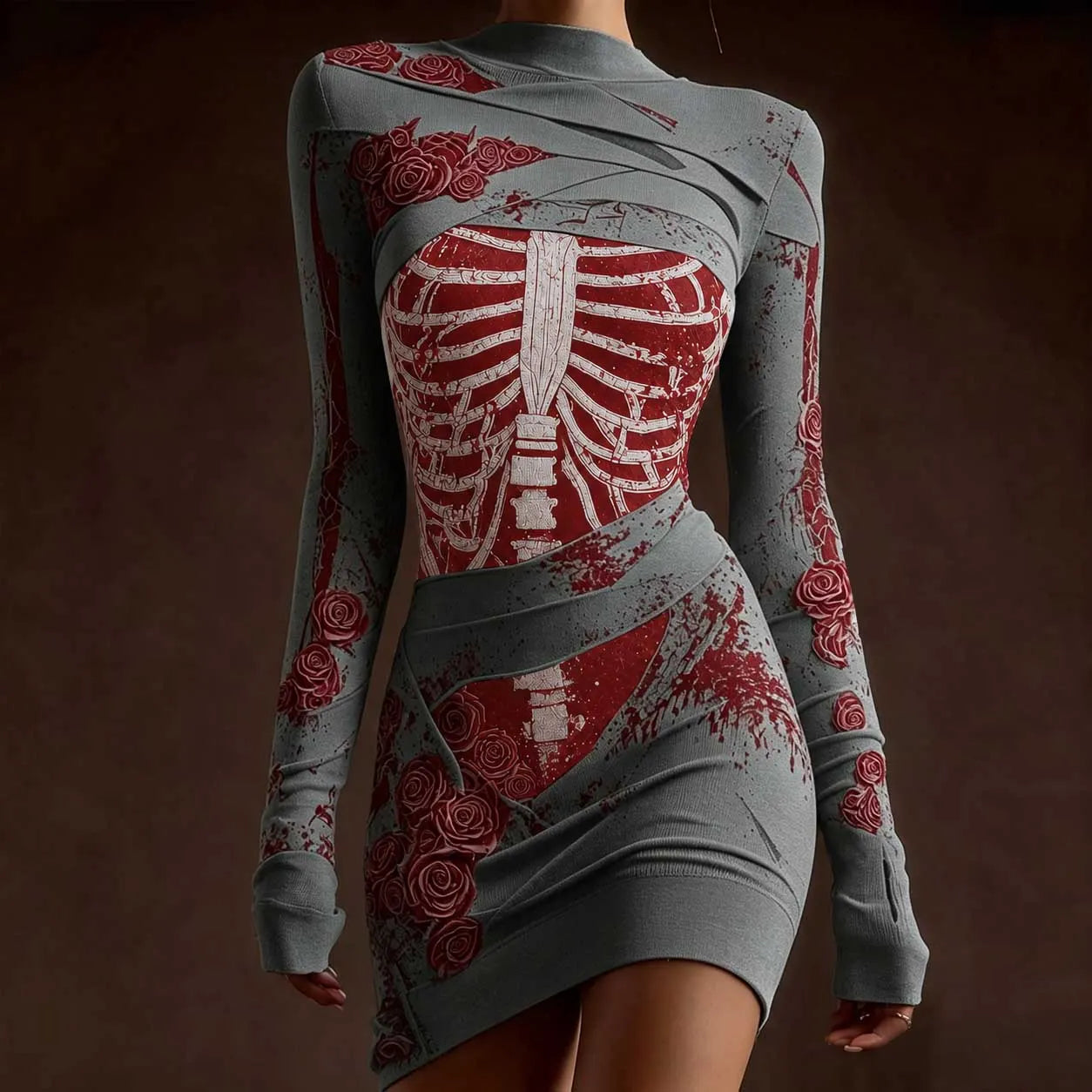 Classy Skeleton Anatomy Bloody Roses Bandages Knit Sweater Dress