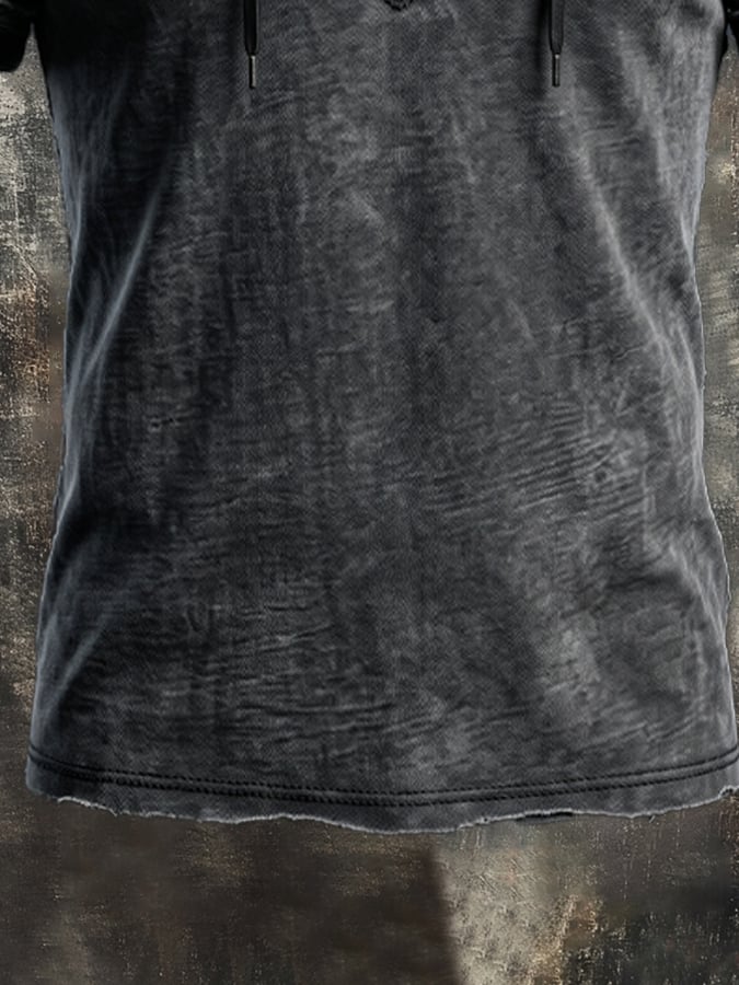 Men's Vintage Washed Cotton & Leather-Panel Lace-Up T-Shirt