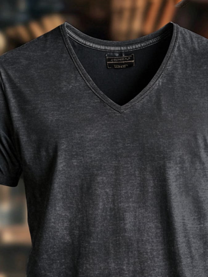 Men's Vintage Distressed Washed Enzyme Washed V-Neck Short Sleeve T-Shirt