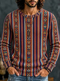 Men's Tribal Diamond Vertical Bands Print Round Neck Sweater
