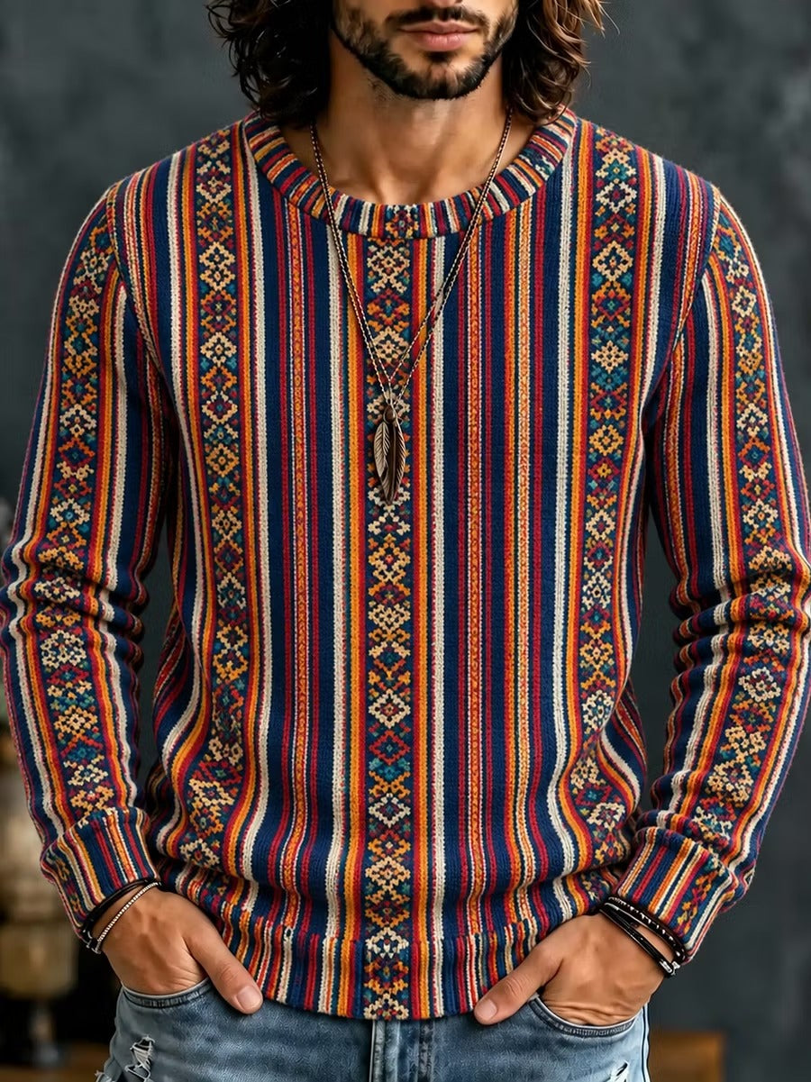 Men's Tribal Diamond Vertical Bands Print Round Neck Sweater