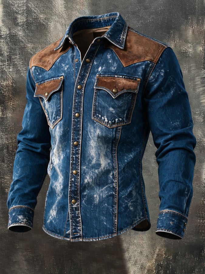 Men'S Vintage Western-Style Long-Sleeve Shirt With Leather Paneling And Color-Block Details