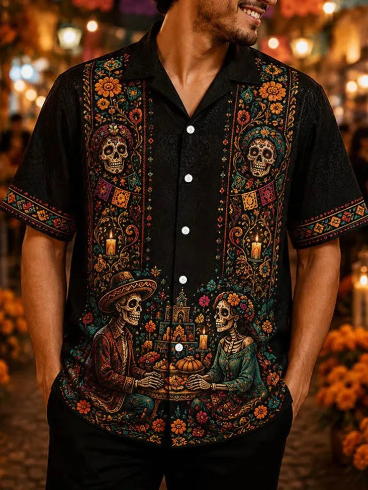 Men's Day Of The Dead Print Short Sleeve Buttons Shirt