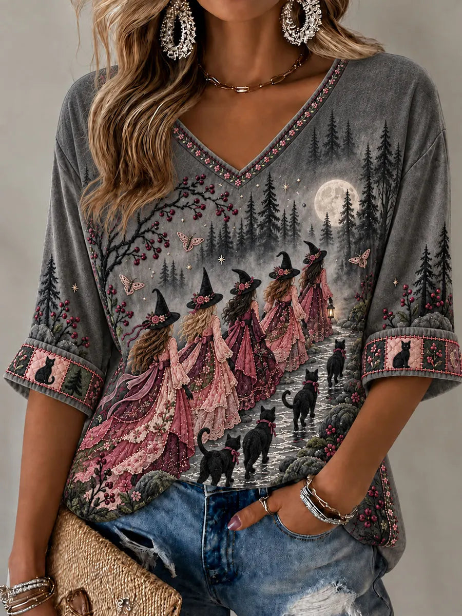 Women’s Moonlit Forest Witches & Black Cats 3/4 Sleeve V-Neck Top