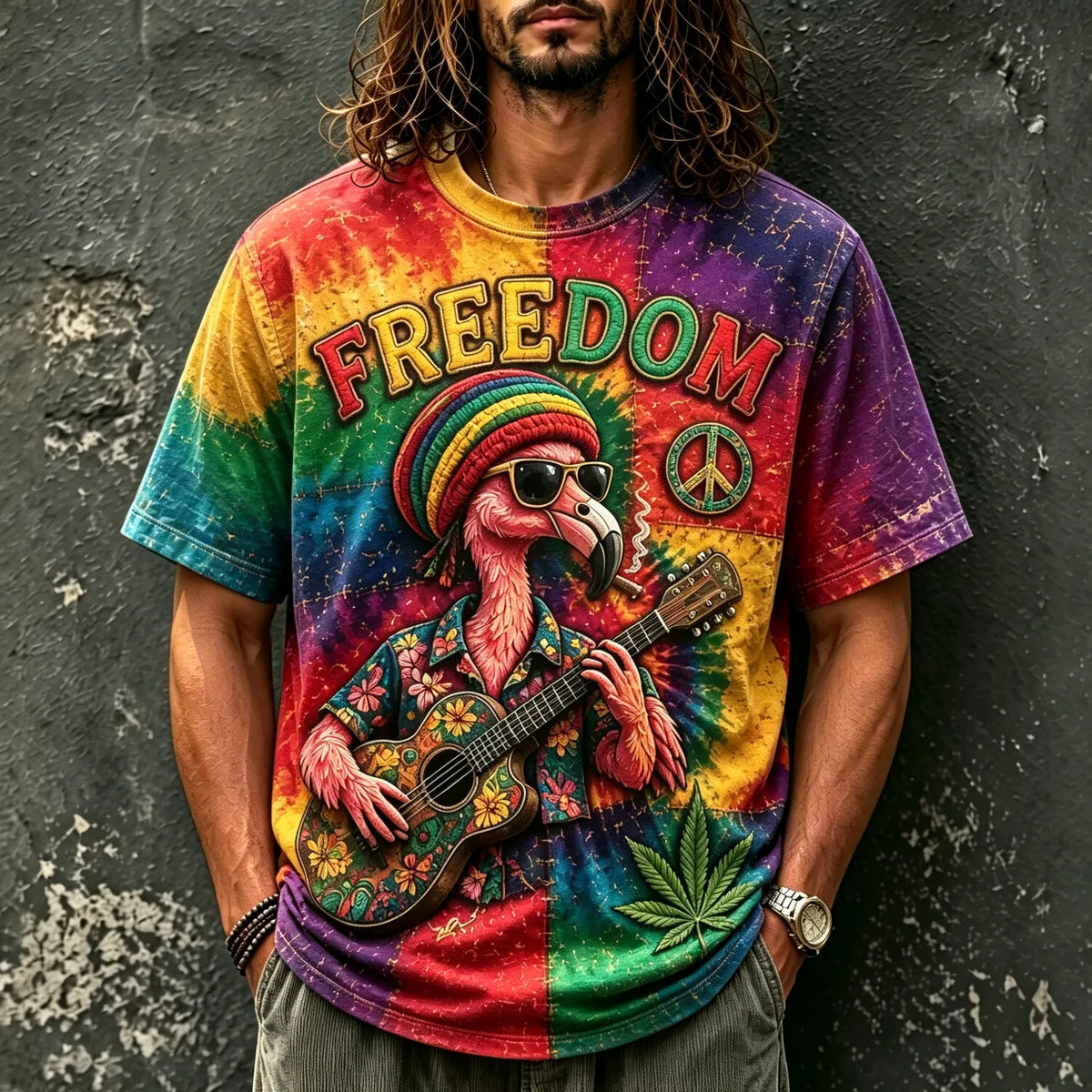 Men's Reggae Flamingo Freedom Tie-Dye Print Crew Neck T-Shirt