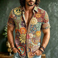 Men's Peace Sign Floral Sun Face Colorblock Print Short Sleeve Buttons Shirt