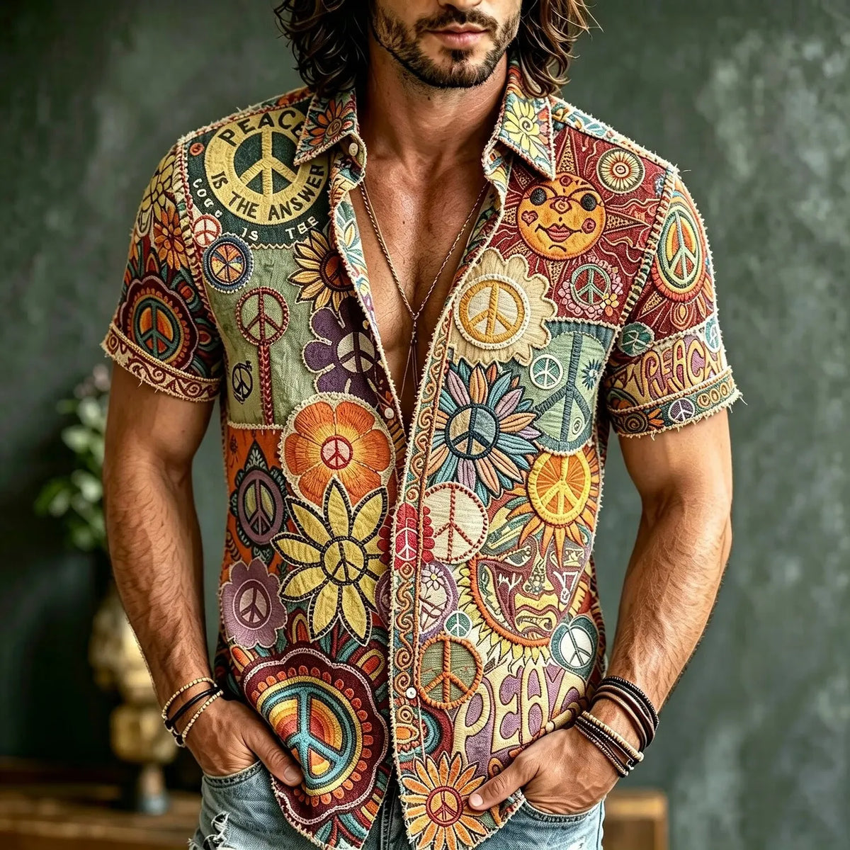 Men's Peace Sign Floral Sun Face Colorblock Print Short Sleeve Buttons Shirt