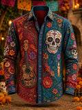 Men's Day Of The Dead Sugar‐Skull Guitar Ritual Candle Bohemian Floral Print Long Sleeve Shirt