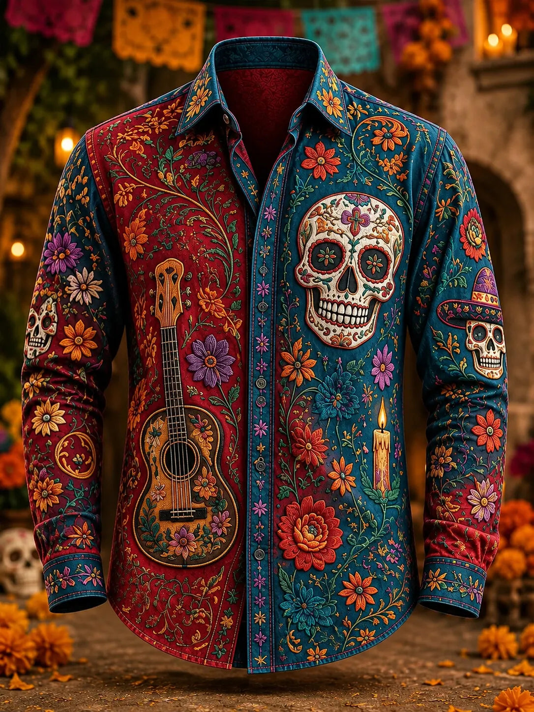 Men's Day Of The Dead Sugar‐Skull Guitar Ritual Candle Bohemian Floral Print Long Sleeve Shirt