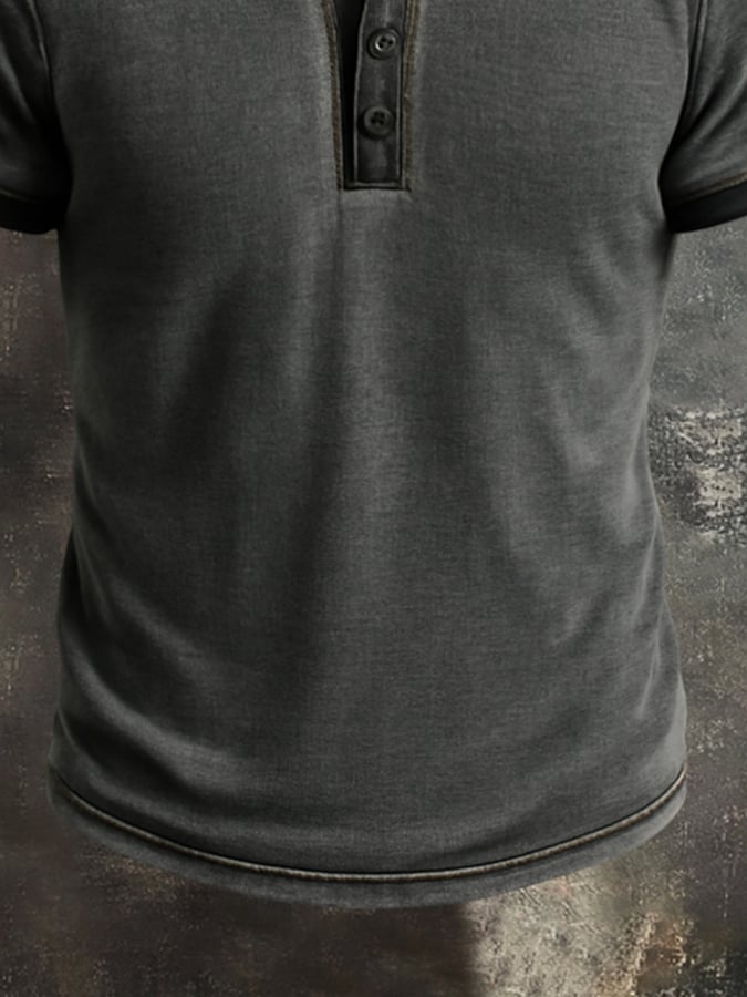 Men's Vintage Distressed Colorblock Casual Henley Short Sleeve T-Shirt