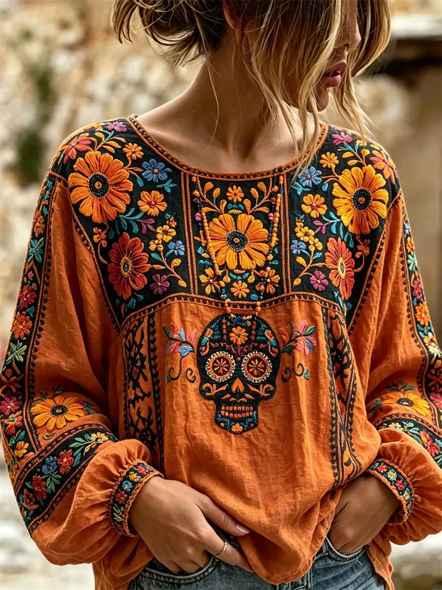 Women's Day Of The Dead Yoke‐Panel Sugar‐Skull Multicolor Wildflower Print Lantern Sleeve Top