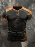 Men's Retro Washed Colorblock Casual Henley Short Sleeve T-Shirt